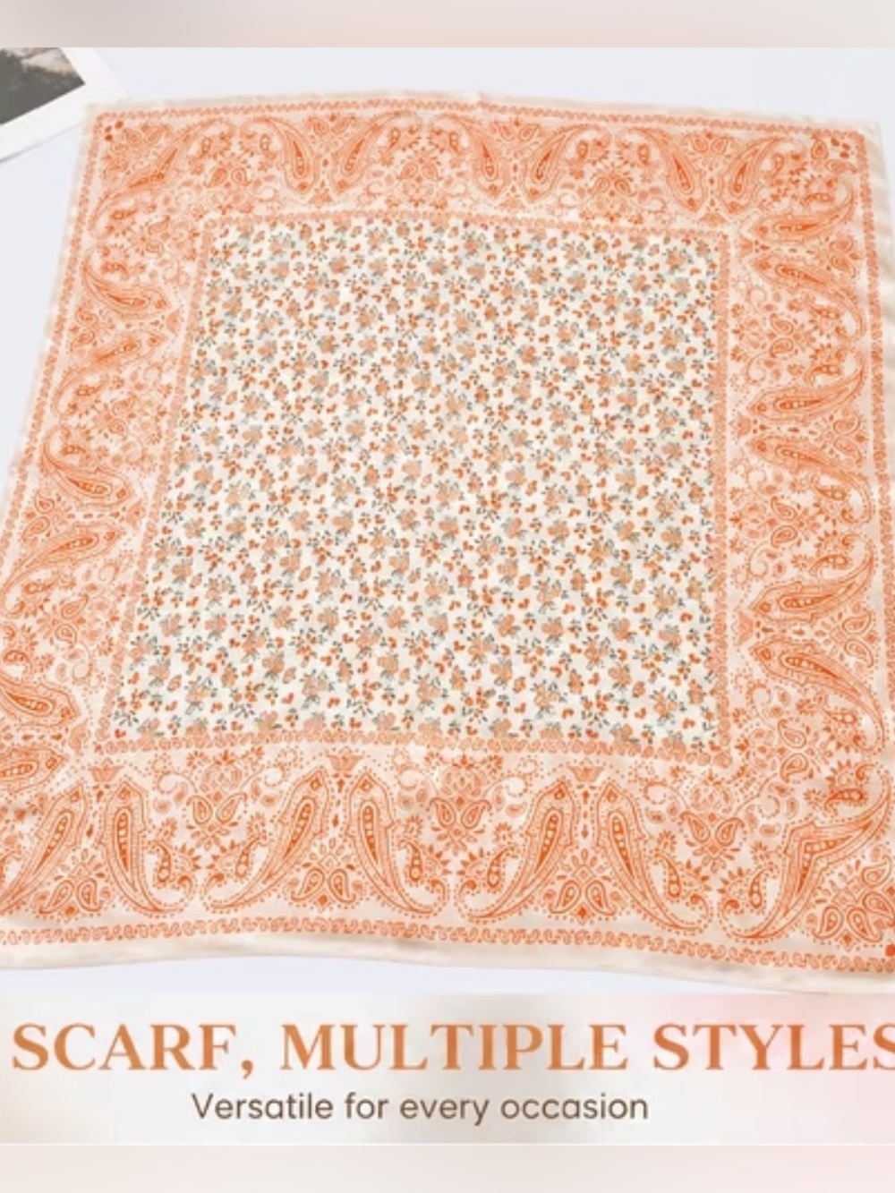 Floral Paisley Scarf in Orange and Cream 26”